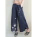 Navy Blue Dandelion Wide Leg Linen Pants Summer Cotton Outfits