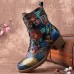 Socofy Women Retro Floral Printing Leather Comfy Chunky Heels Lace Up Mid  calf Boots