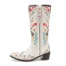 Women Floral Sweet Embroidery Leather Pointy  toe Chunky Heel Mid  calf Knight Boots